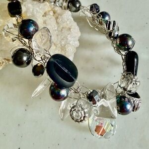 Handmade Wire crochet Black and Silver Beaded Bracelet